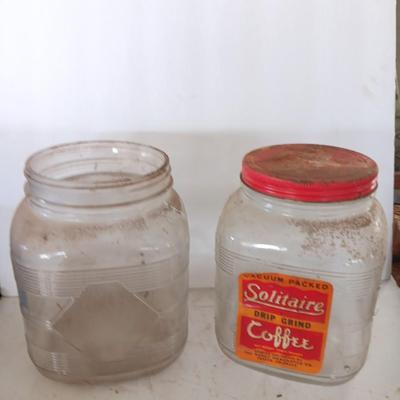 Two antique embossed design glass Coffee jars - Solitaire drip grind coffee