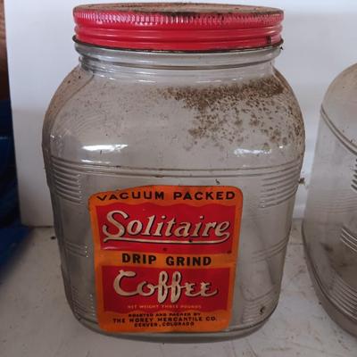 Two antique embossed design glass Coffee jars - Solitaire drip grind coffee