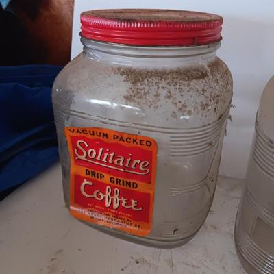 Two antique embossed design glass Coffee jars - Solitaire drip grind coffee