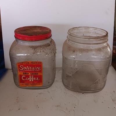 Two antique embossed design glass Coffee jars - Solitaire drip grind coffee