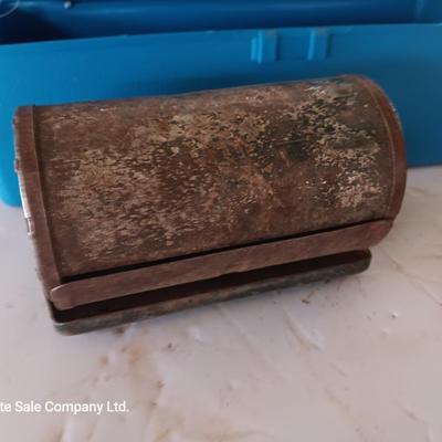 Small tackle box with metal bait container and a wooden "fish box"
