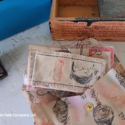 Small tackle box with metal bait container and a wooden "fish box"
