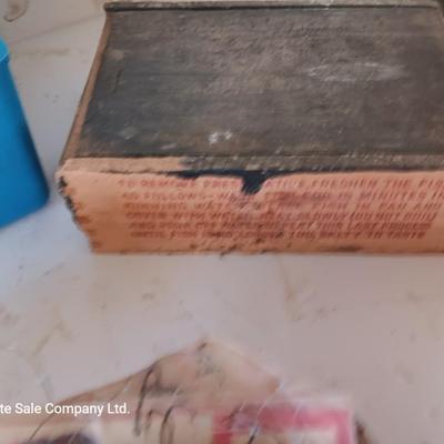 Small tackle box with metal bait container and a wooden "fish box"