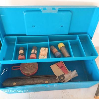 Small tackle box with metal bait container and a wooden "fish box"