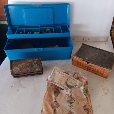 Small tackle box with metal bait container and a wooden "fish box"