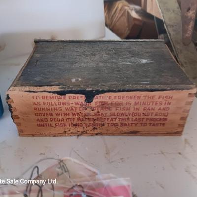 Small tackle box with metal bait container and a wooden "fish box"