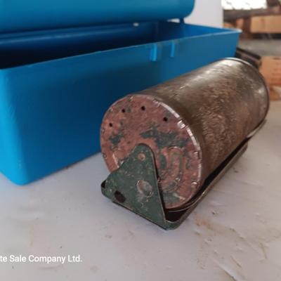 Small tackle box with metal bait container and a wooden "fish box"