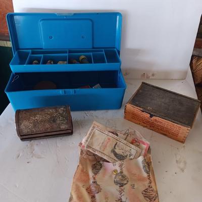 Small tackle box with metal bait container and a wooden "fish box"