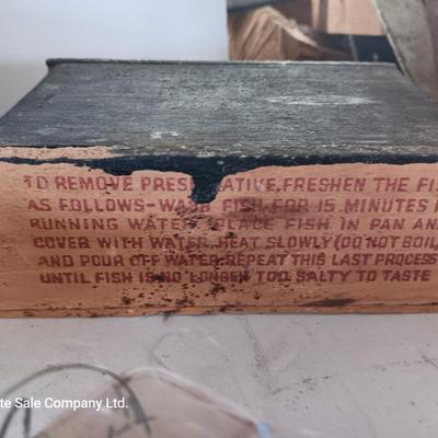 Small tackle box with metal bait container and a wooden "fish box"