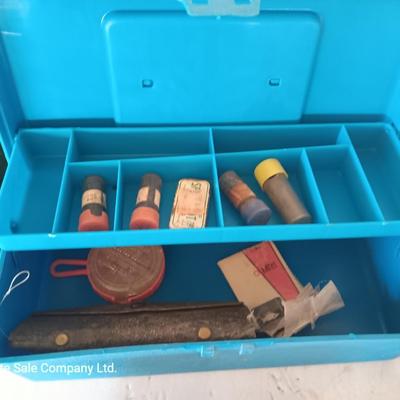 Small tackle box with metal bait container and a wooden "fish box"