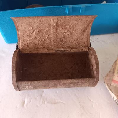 Small tackle box with metal bait container and a wooden "fish box"