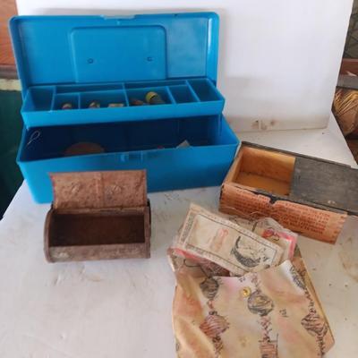 Small tackle box with metal bait container and a wooden "fish box"