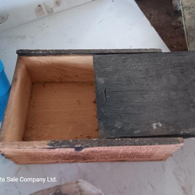 Small tackle box with metal bait container and a wooden "fish box"