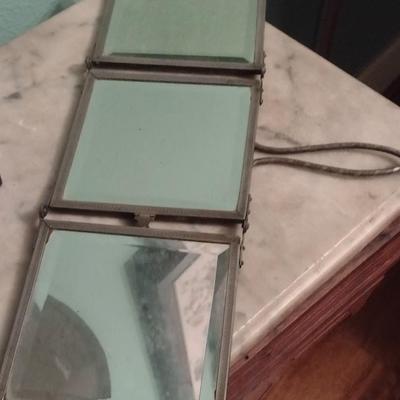 Vintage Triptych Handheld or Hanging Beveled Glass Barber's Mirror