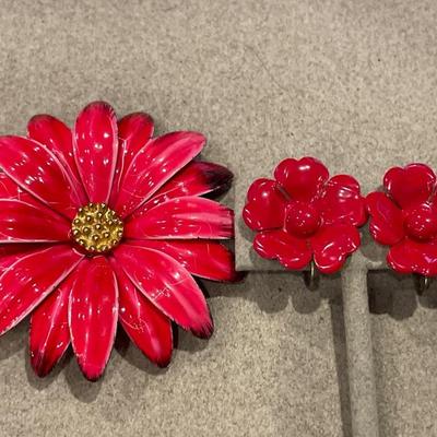 Red flower brooch and clip on earrings