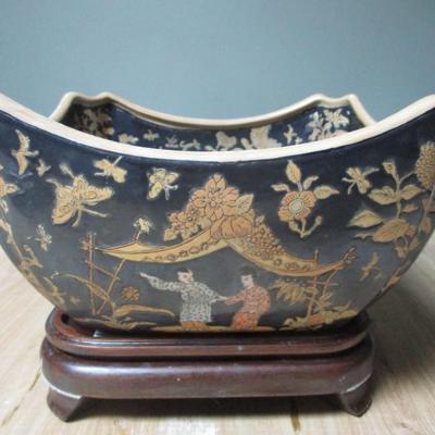 Chinese Scenic Character Porcelain Black Gold Bowl - C