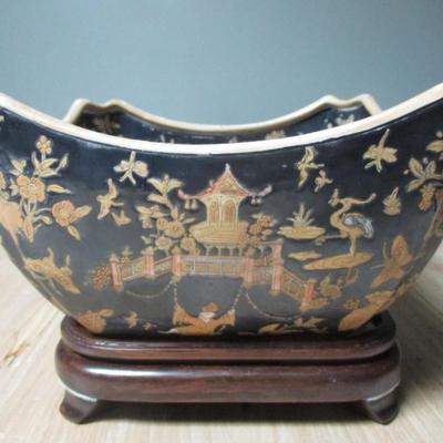 Chinese Scenic Character Porcelain Black Gold Bowl - C