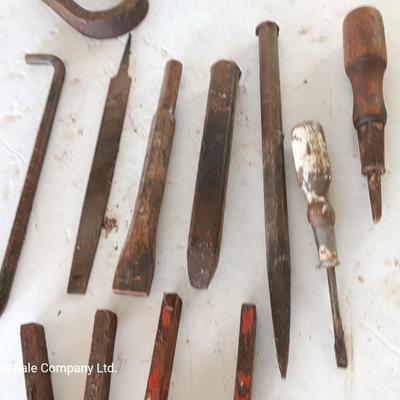 Assortment of tools - file - wood handled screwdrivers. - and more