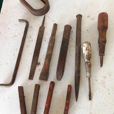 Assortment of tools - file - wood handled screwdrivers. - and more