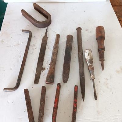 Assortment of tools - file - wood handled screwdrivers. - and more