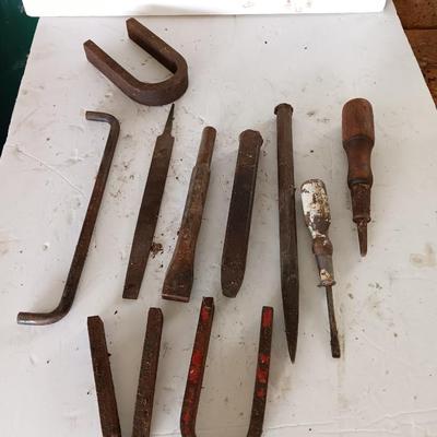 Assortment of tools - file - wood handled screwdrivers. - and more