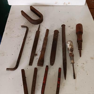Assortment of tools - file - wood handled screwdrivers. - and more