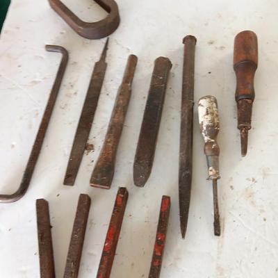 Assortment of tools - file - wood handled screwdrivers. - and more