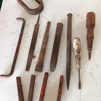 Assortment of tools - file - wood handled screwdrivers. - and more