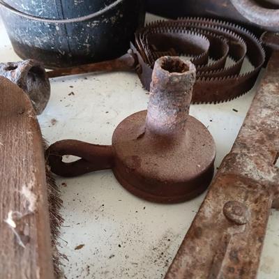 Antique wooden box with Antique farm items and tools