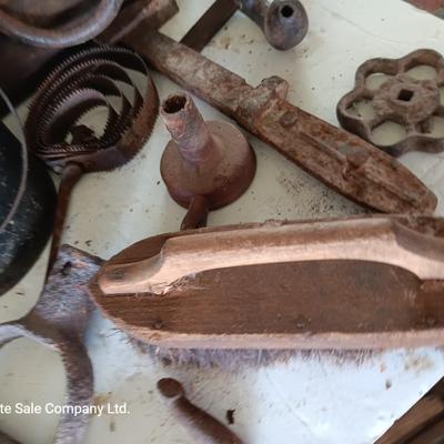 Antique wooden box with Antique farm items and tools