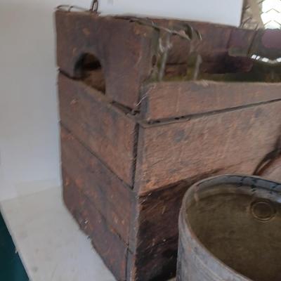 Antique wooden box with Antique farm items and tools