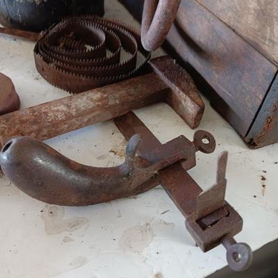 Antique wooden box with Antique farm items and tools