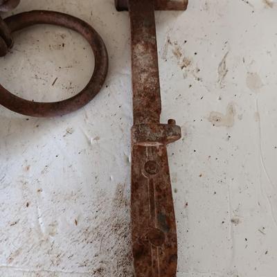 Antique wooden box with Antique farm items and tools
