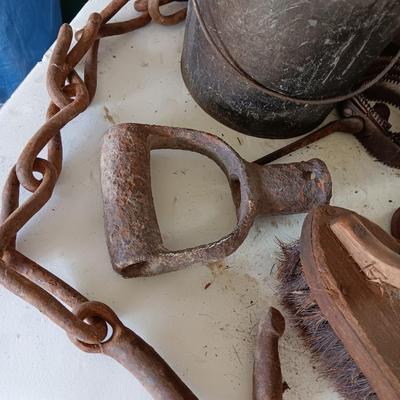 Antique wooden box with Antique farm items and tools