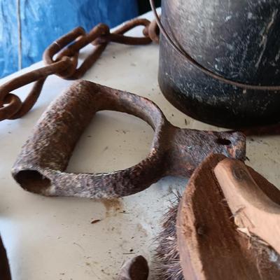 Antique wooden box with Antique farm items and tools