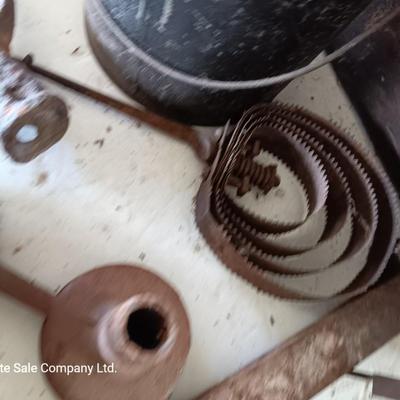 Antique wooden box with Antique farm items and tools