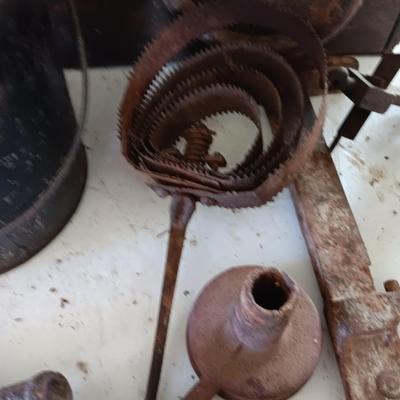 Antique wooden box with Antique farm items and tools