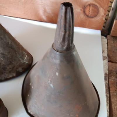 Old metal funnels - Coleman copper funnel and others