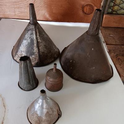 Old metal funnels - Coleman copper funnel and others