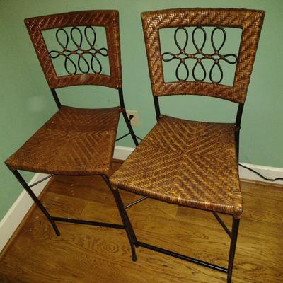 Pair of Metal Frame and Wicker Weave Seat and Back Bar Stools