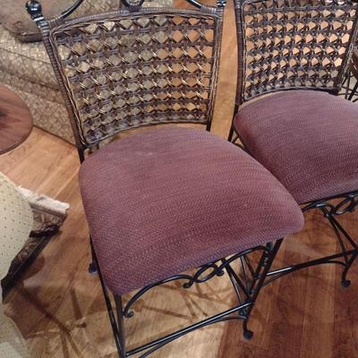 Pair of Wrought Metal Bar Stools with Upholstered Seat and Wicker Back Choice A