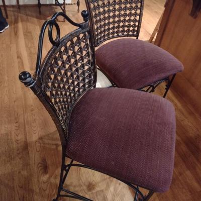 Pair of Wrought Metal Bar Stools with Upholstered Seat and Wicker Back Choice B