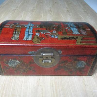 19th Century Rare Antique Hand Painted Chinese Elm Wood Jewelry Box with Certificate- C