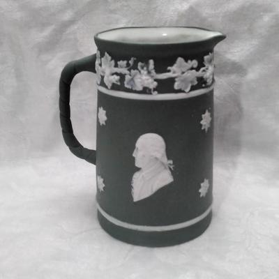 Schafer & Vater Green Jasperware 3-5/8" Pitcher / Jug, 18th C Portraits 1614 (c. 1910s)