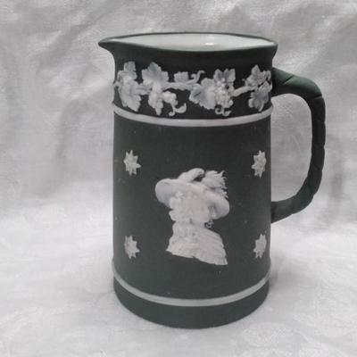 Schafer & Vater Green Jasperware 3-5/8" Pitcher / Jug, 18th C Portraits 1614 (c. 1910s)