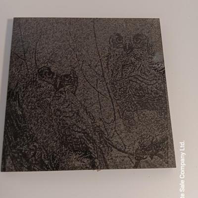 Two laser etched Owl Tiles with pocketknives.