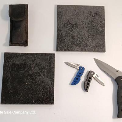 Two laser etched Owl Tiles with pocketknives.