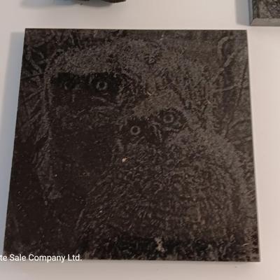Two laser etched Owl Tiles with pocketknives.