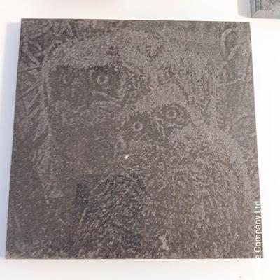 Two laser etched Owl Tiles with pocketknives.