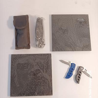 Two laser etched Owl Tiles with pocketknives.